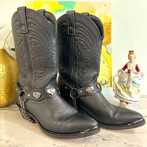 Masterson Women's Deertan Chain Western Cowgirl Black Leather Boot  Size 7W